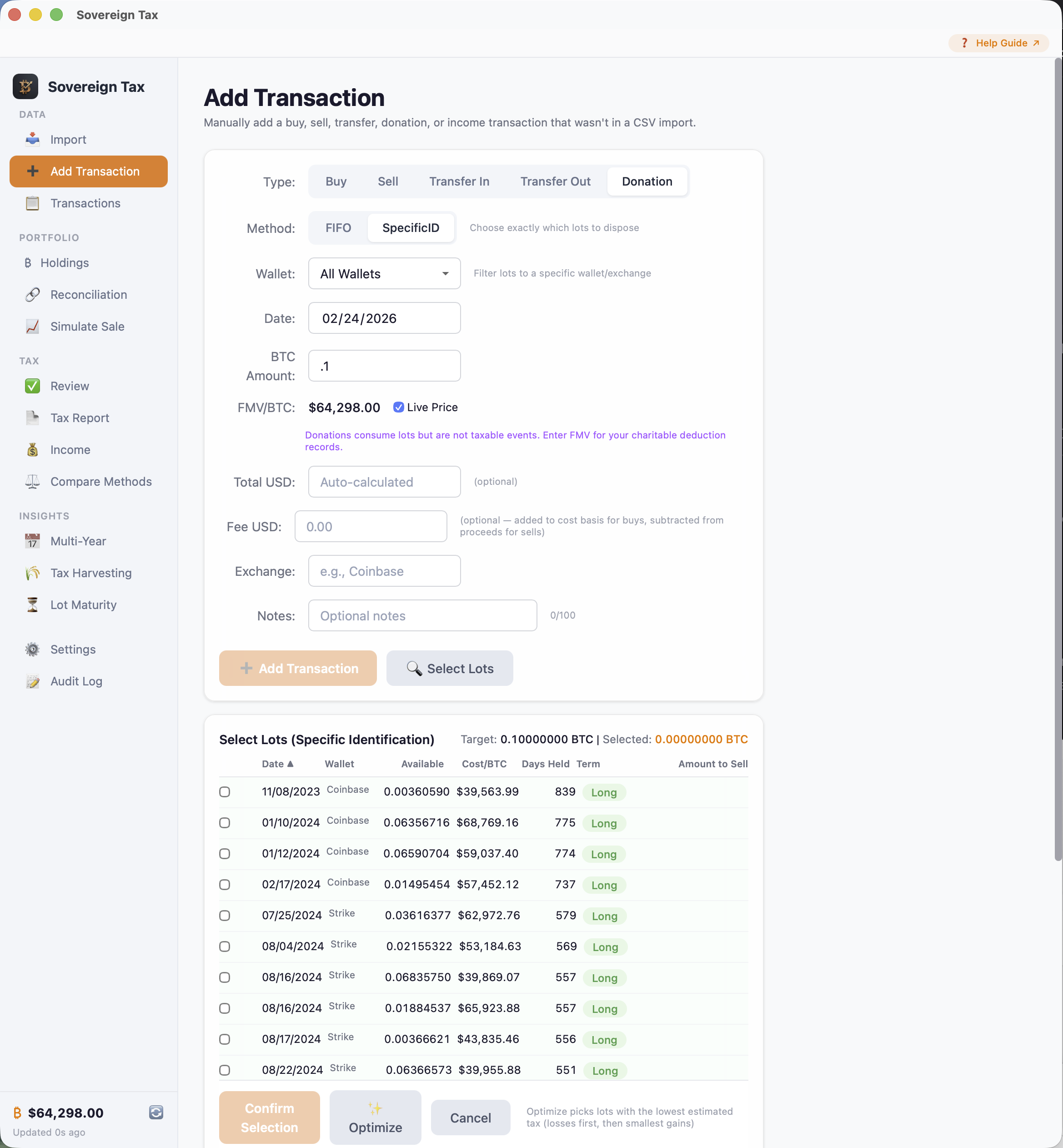 Add charitable Bitcoin donation with FMV tracking