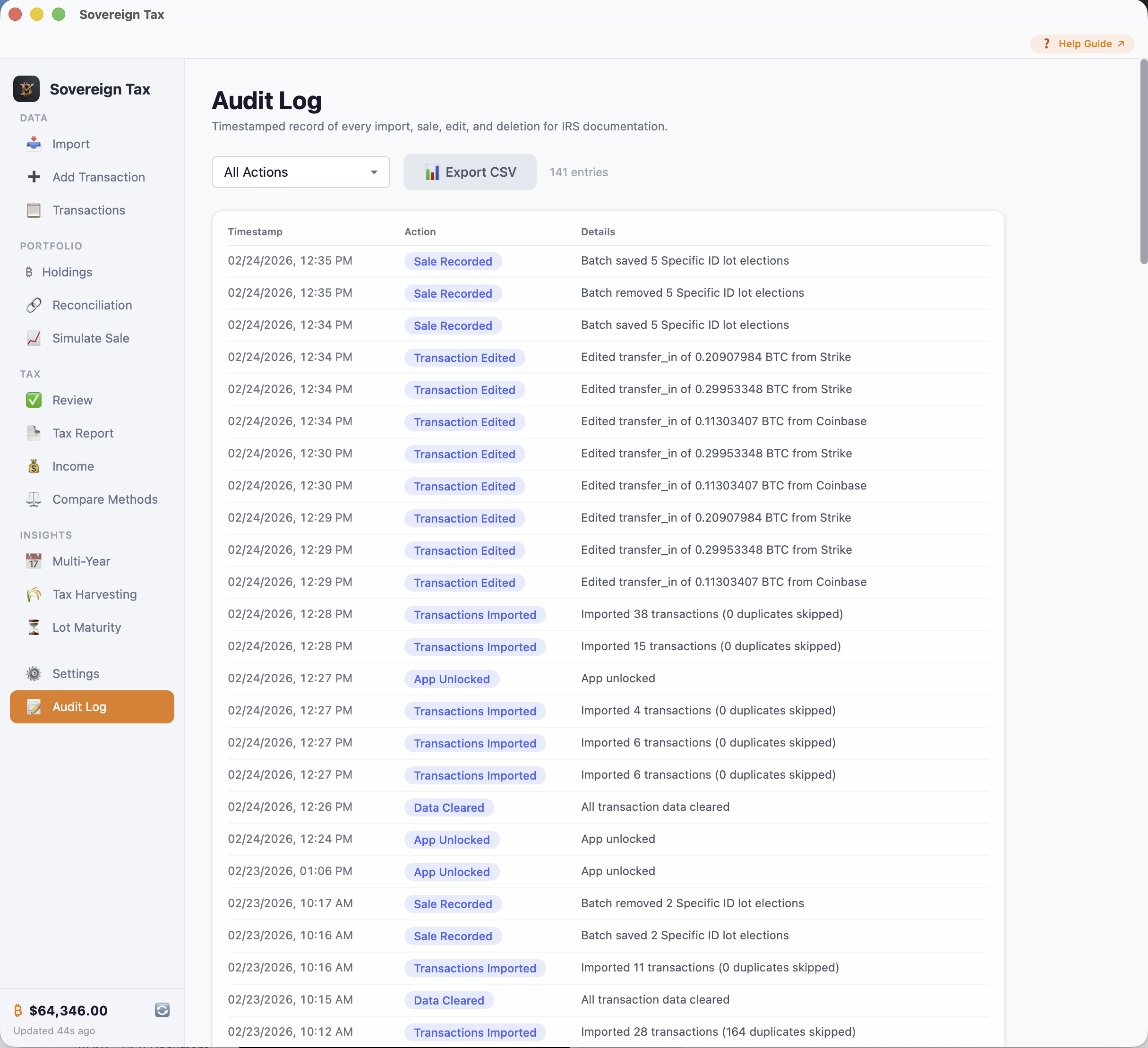 Audit Log with timestamped entries