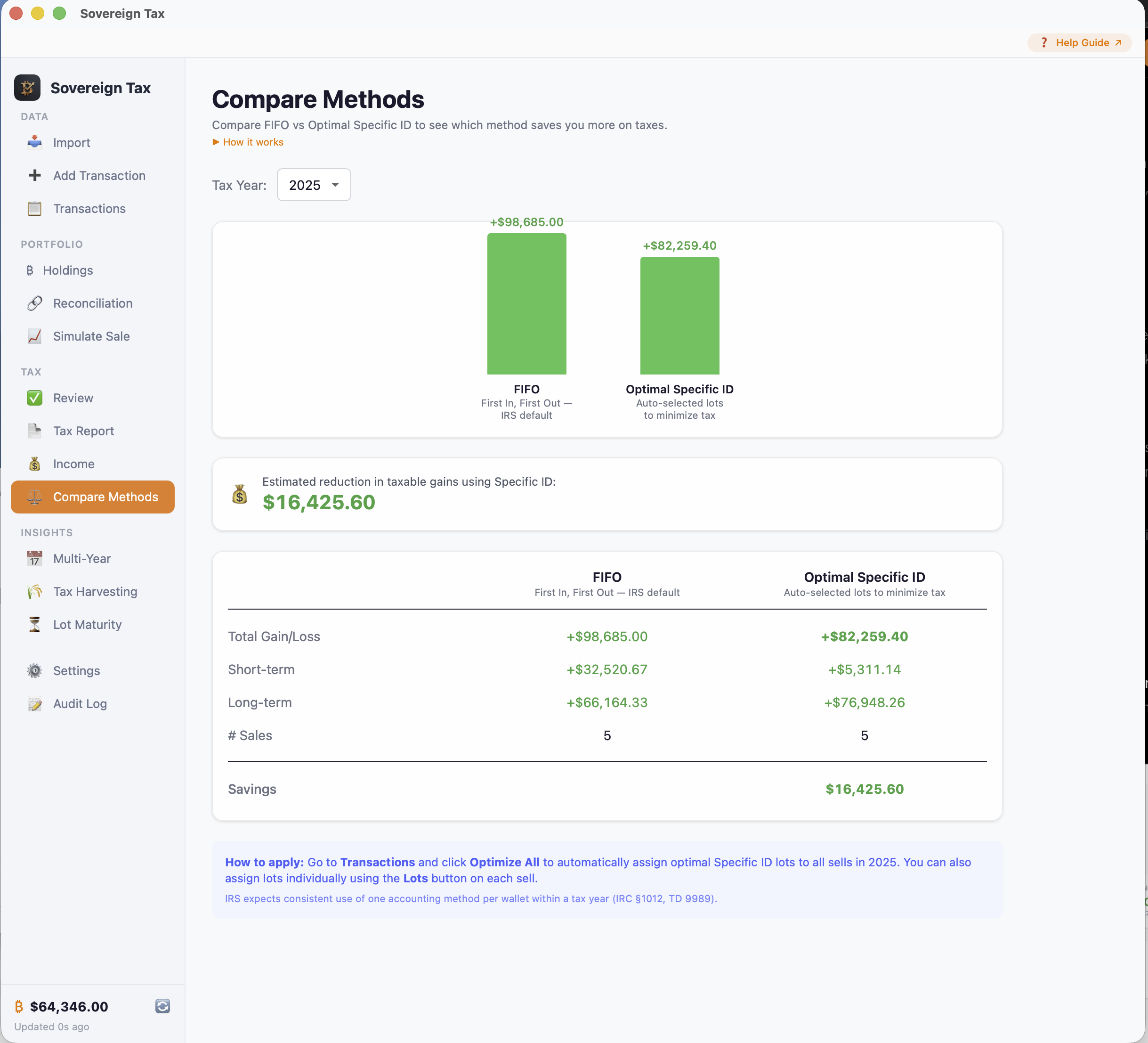 Compare Methods showing FIFO vs Specific ID savings