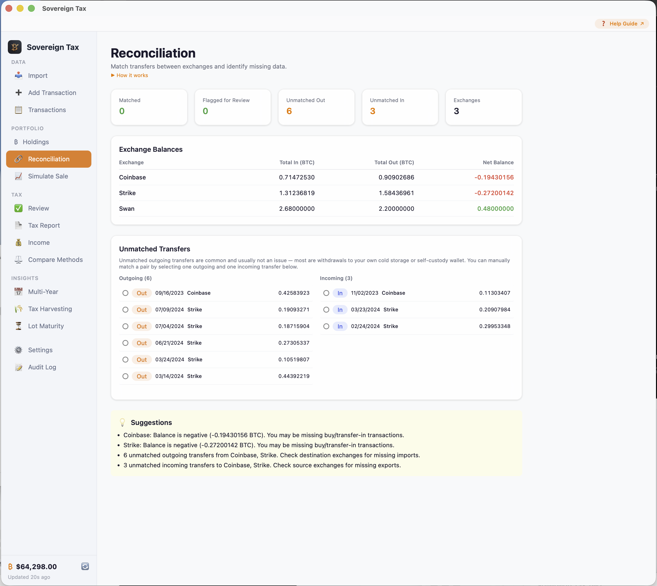 Reconciliation view with exchange balances and transfer matching