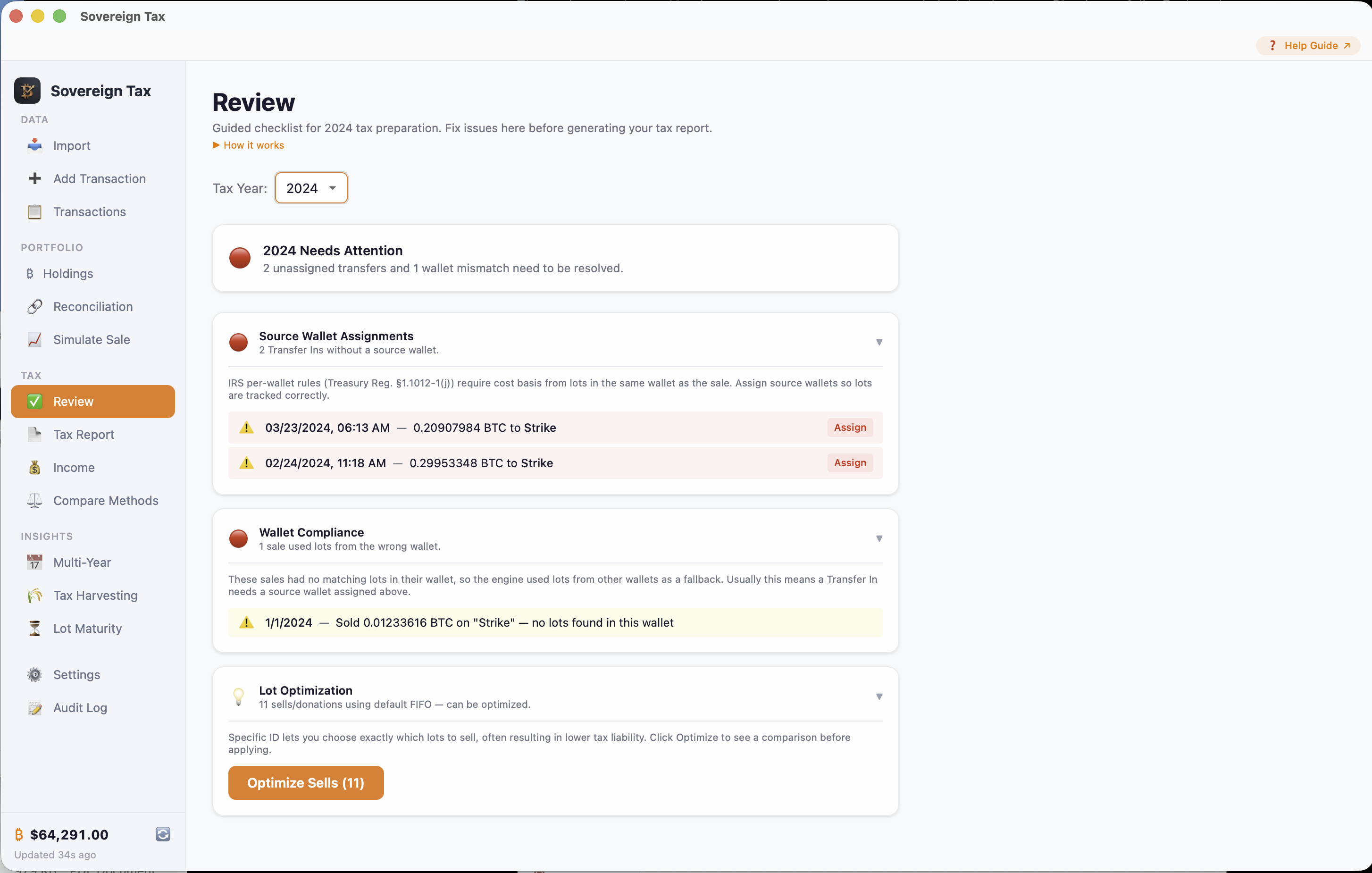 Review view showing unassigned transfers and wallet mismatches that need attention