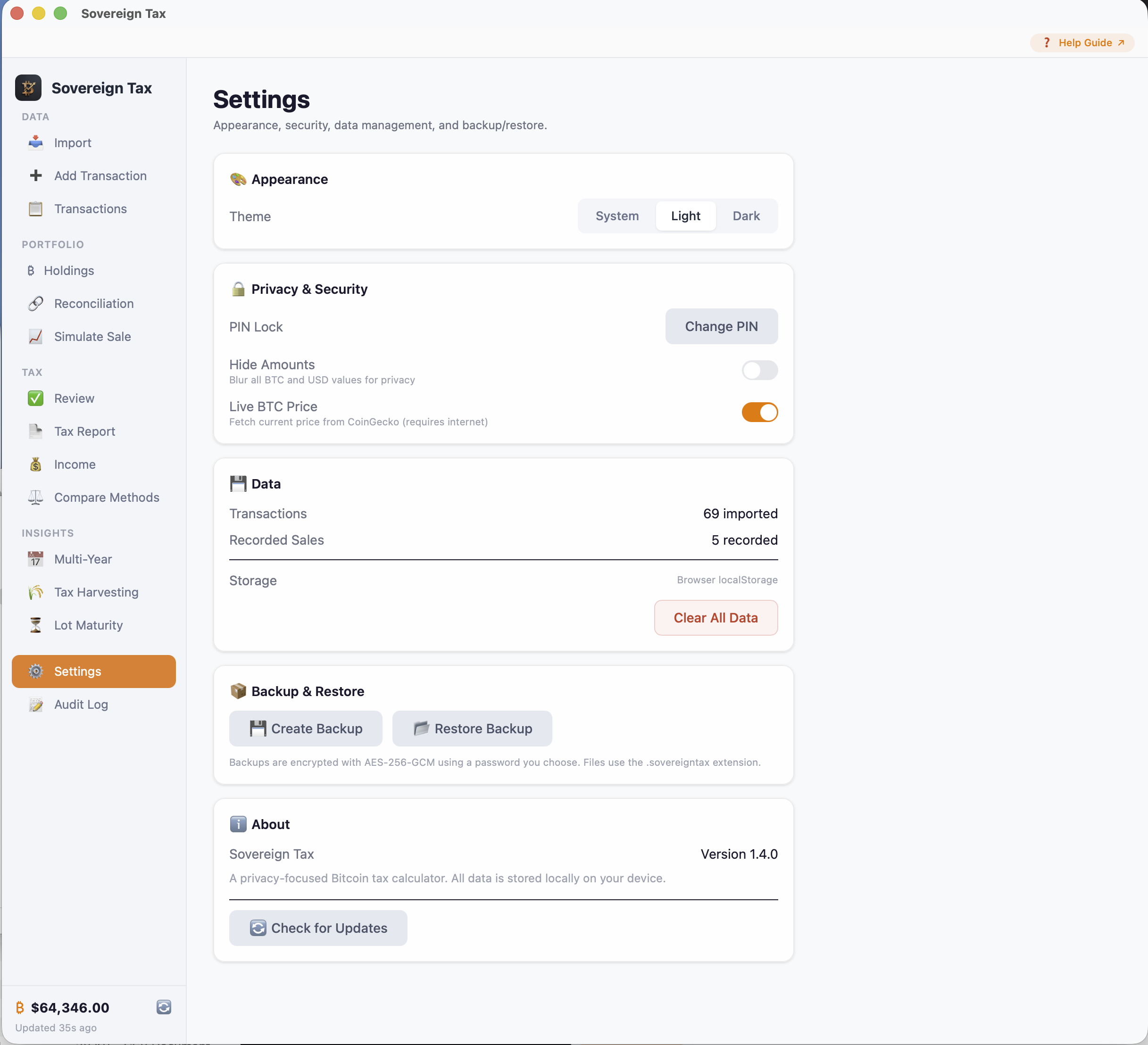 Settings view with theme, security, data, and backup options