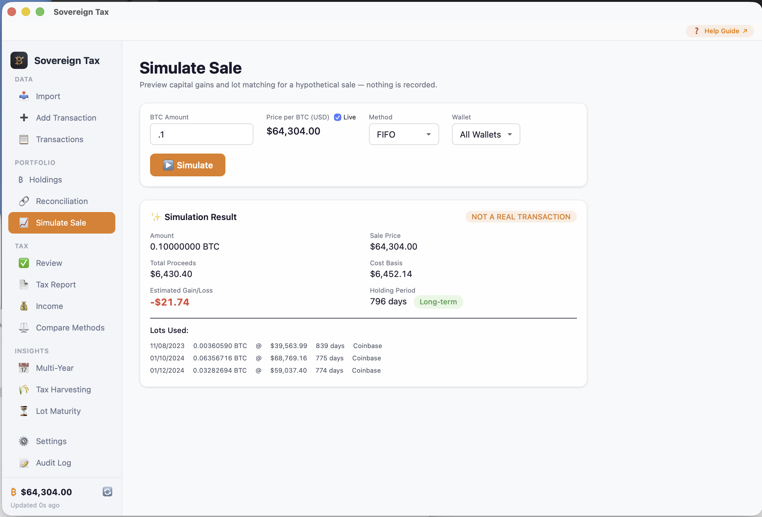 Sovereign Tax Bitcoin sale simulator — preview capital gains before selling