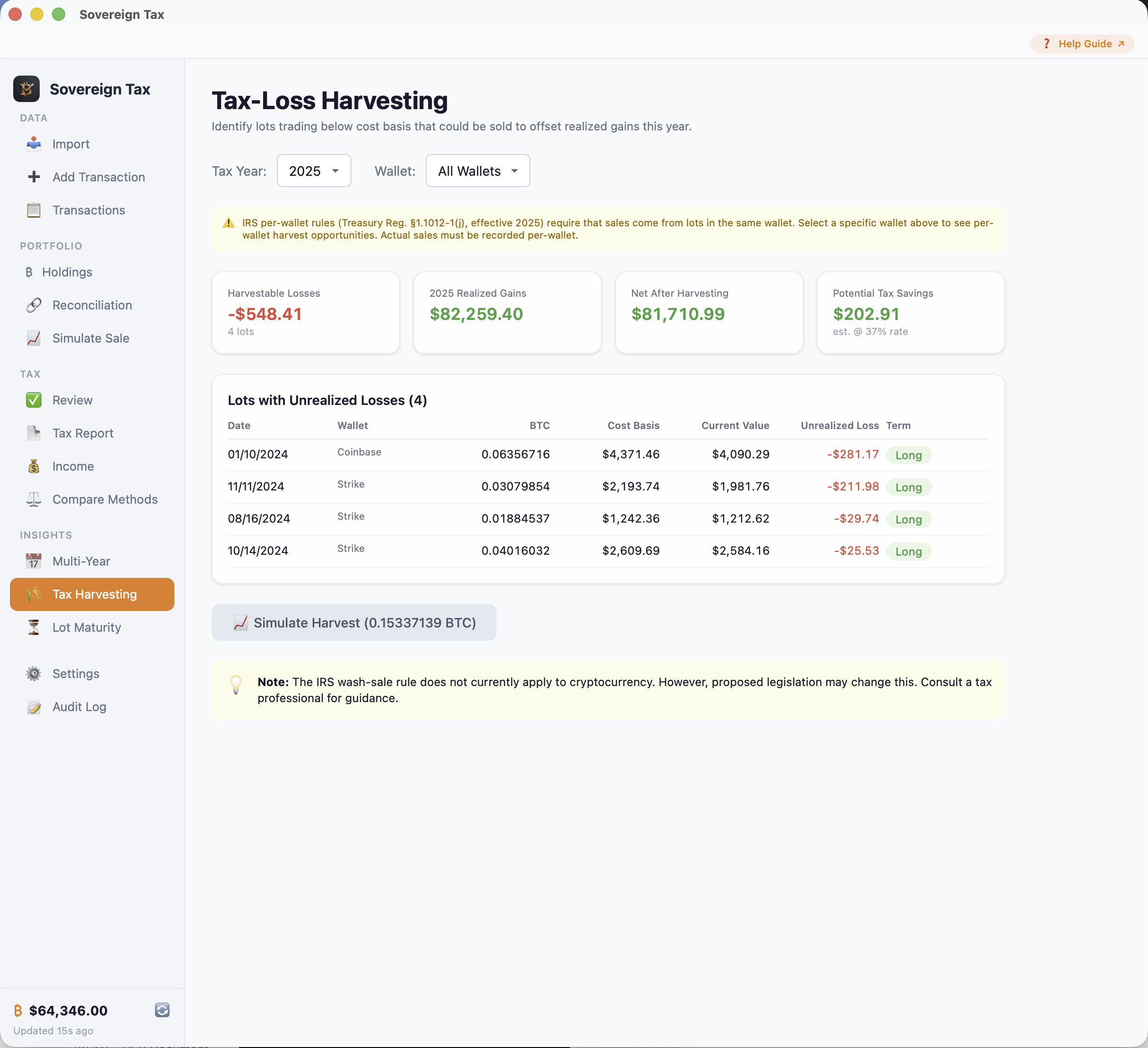 Bitcoin tax-loss harvesting dashboard — identify unrealized losses to offset capital gains