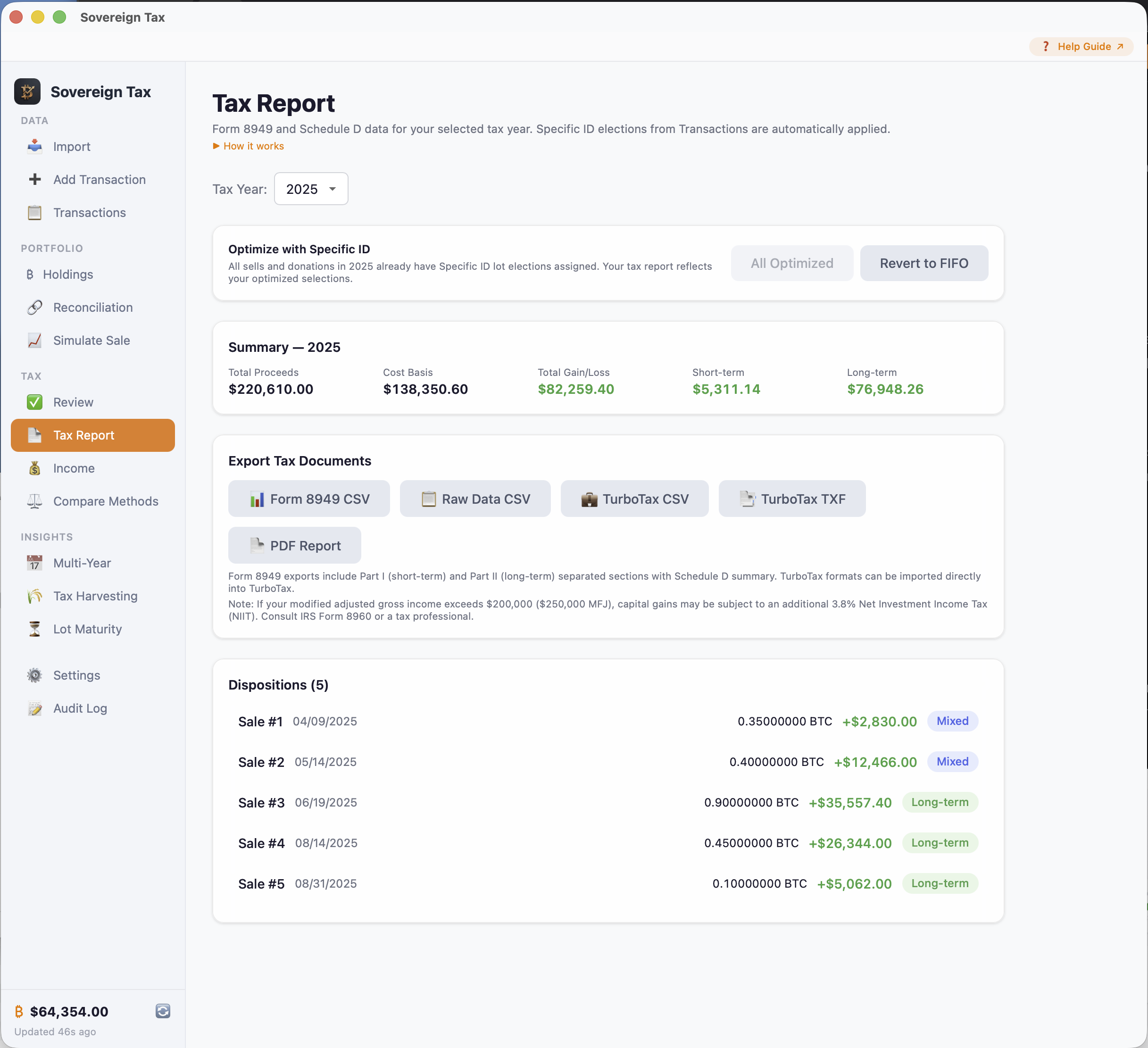 IRS Form 8949 tax report — Bitcoin capital gains with short-term and long-term breakdown