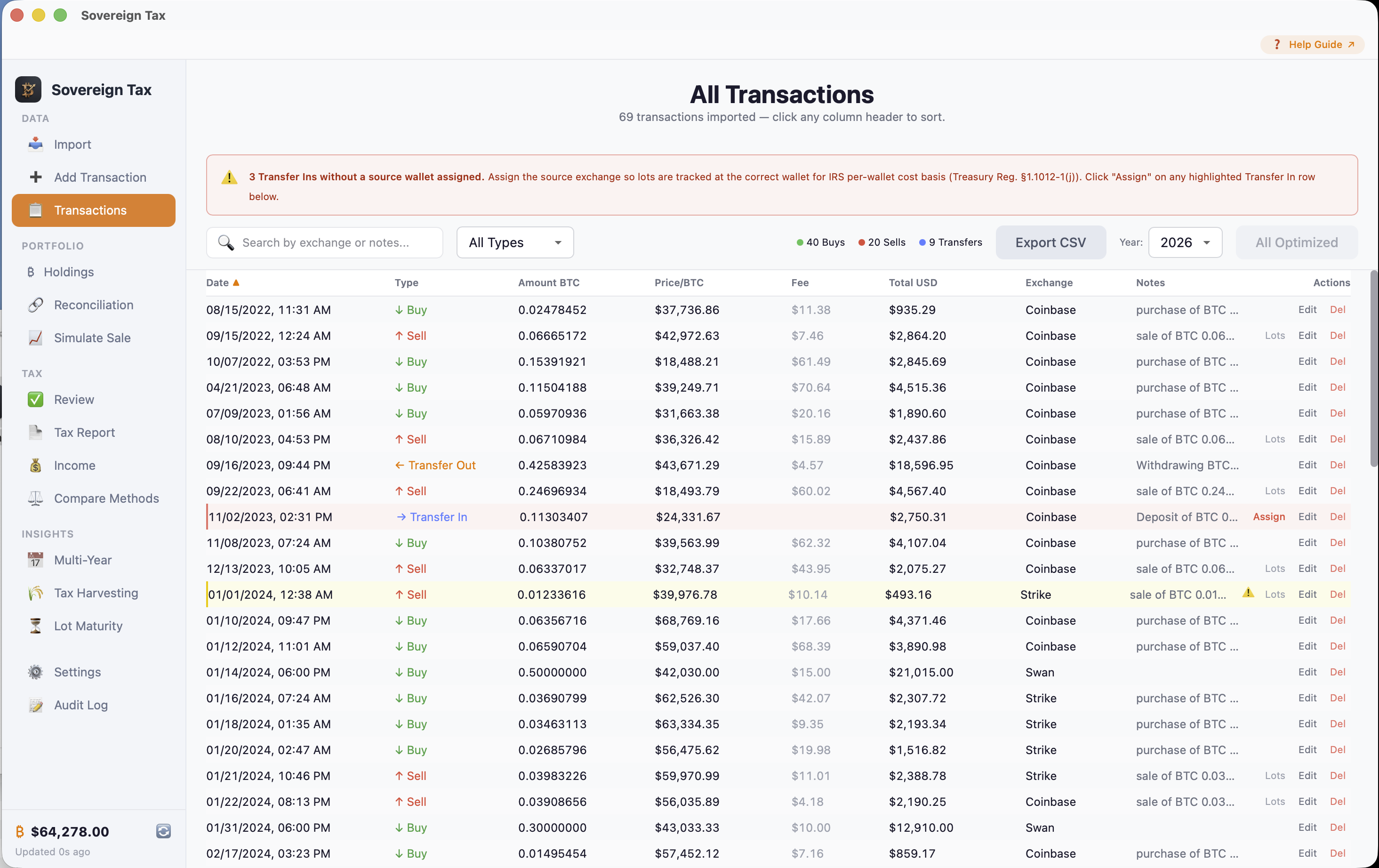 Transactions view with Optimize All, year selector, and Lots buttons